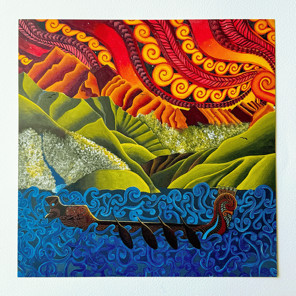 A colorful square painting depicting a stylized landscape with green hills, a blue wavy sea, and a dramatic red and orange sky with swirling patterns. A long boat with figures appears in the lower portion.