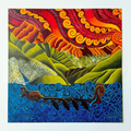A colorful square painting depicting a stylized landscape with green hills, a blue wavy sea, and a dramatic red and orange sky with swirling patterns. A long boat with figures appears in the lower portion.